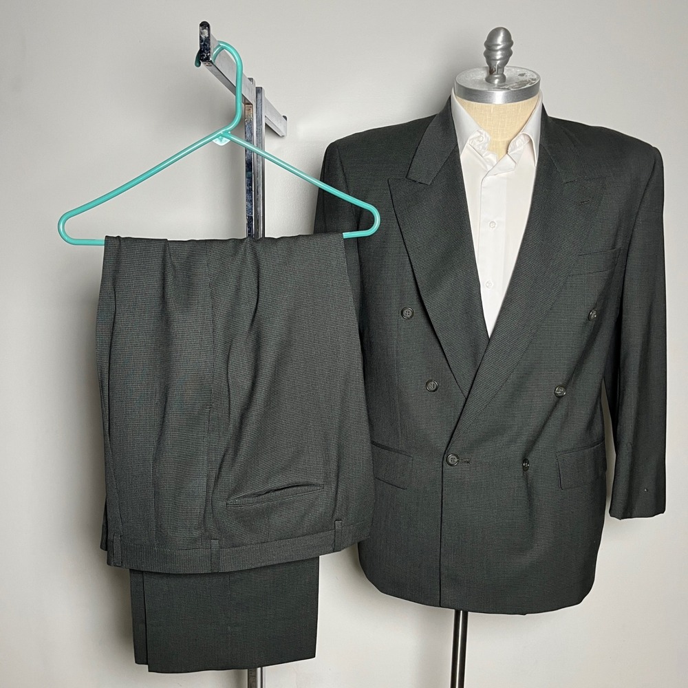 Joseph & Feiss Suit Mens 44R 38x30 Grey Microcheck Double Breasted Wool Vintage